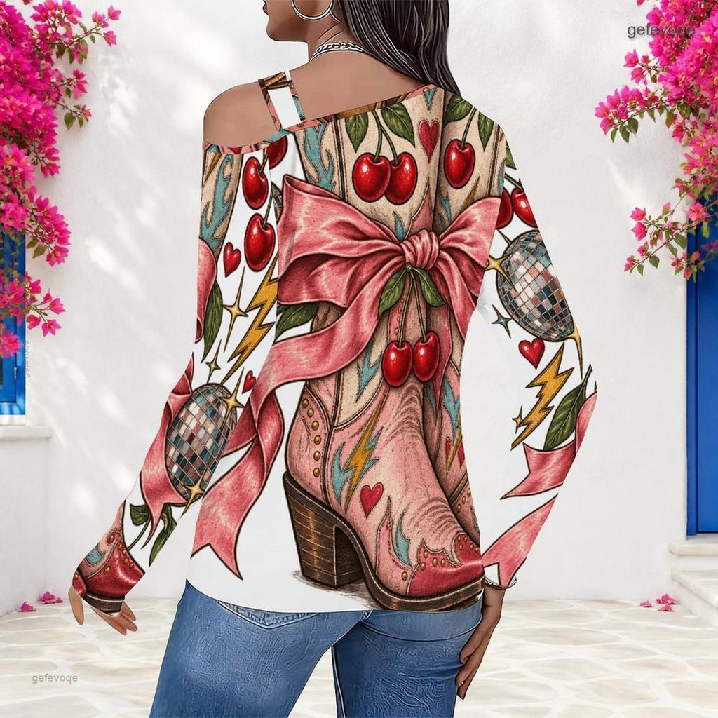 Women Plus Size Asymmetric Cutout Neck Cold Shoulder Long Sleeve Christmas Cowboy Boot Print Top