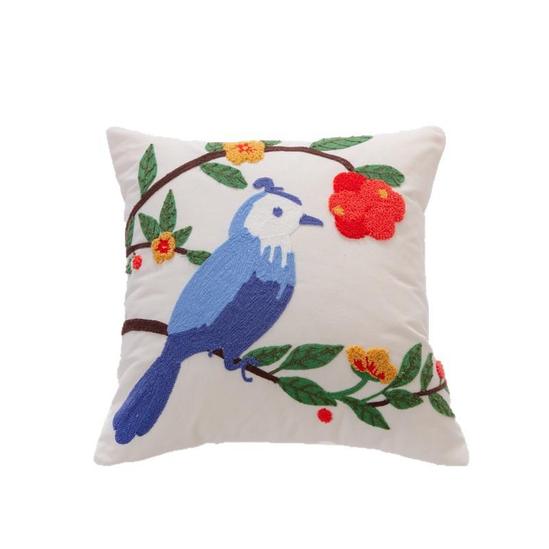 Cotton Canvas 3D Effect Birds Embroidery Throw Pillow Cover Decorative Cushion Cover For Sofa Office Home Room Decoration