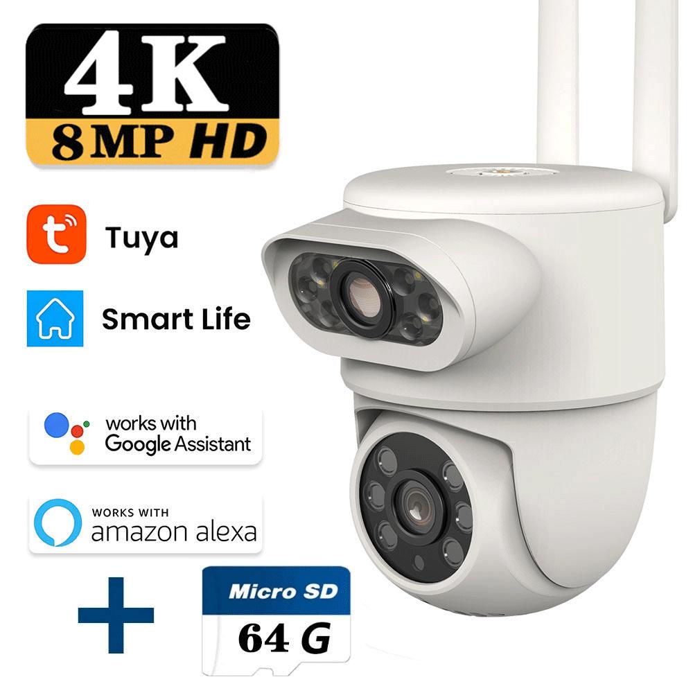 

8МП 4K Tuya Об єктив Wifi Зовнішня Безпека 4МП HD Двоекранна PTZ Камера AI Автостеження Відеоспостереження Аудіо-Відео White Add 64G Card