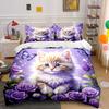 Blue-Eyed Cat Among Purple Roses Duvet Cover Set With 3D Printing Design Soft Polyester Bedding Set All-Season Comfort