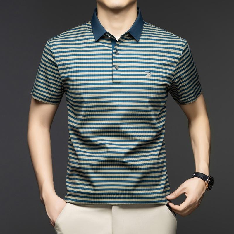 Cool Men'S Short Sleeve T-Shirt Thin Lapel Business Casual Polo Shirt Half Sleeve Striped Top Clothing