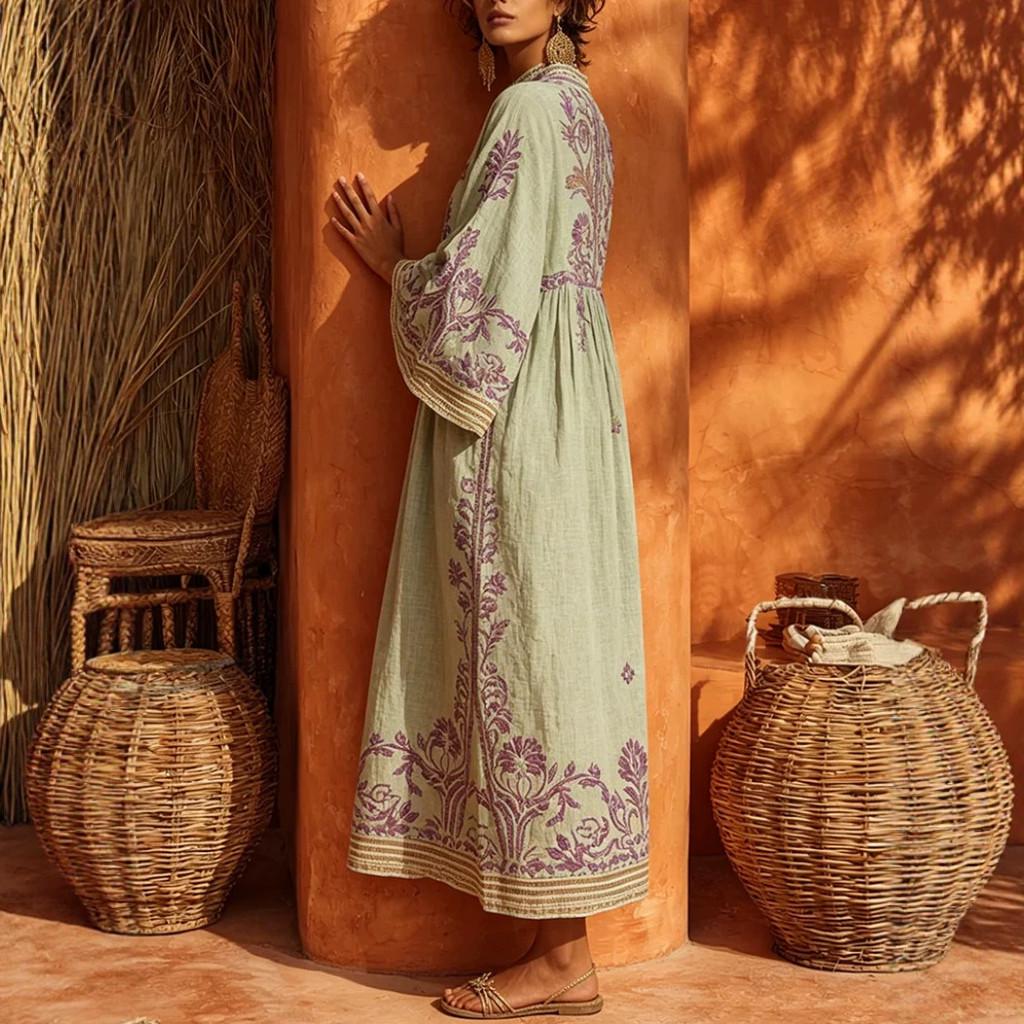Abito Lungo Bohemian Stampato in Cotone e Lino con Tasche per Uso Casual Estivo