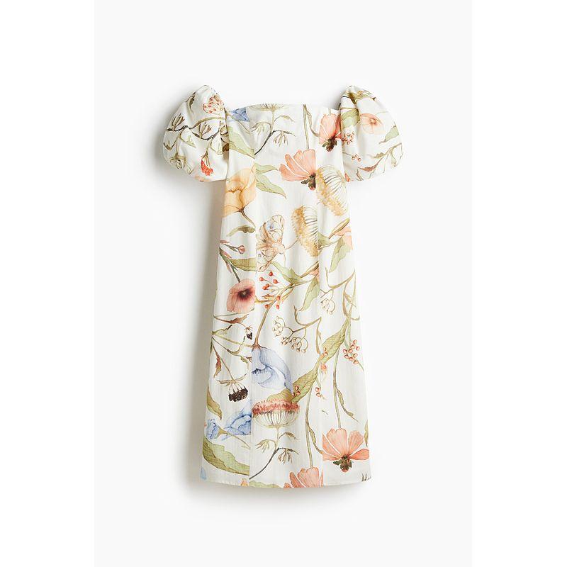 

HM Women s Clothing Florals Dress 2025 Summer New Arrival Wave Chic Style Wear off-Shoulder Printed Square Collar Skirt 1272220 White/Florals 160/88