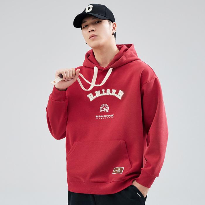 Autumn Retro Heavy Solid Color Hooded Sweater Men'S Loose Large Size Trend Casual Red Long-Sleeved Top Tide