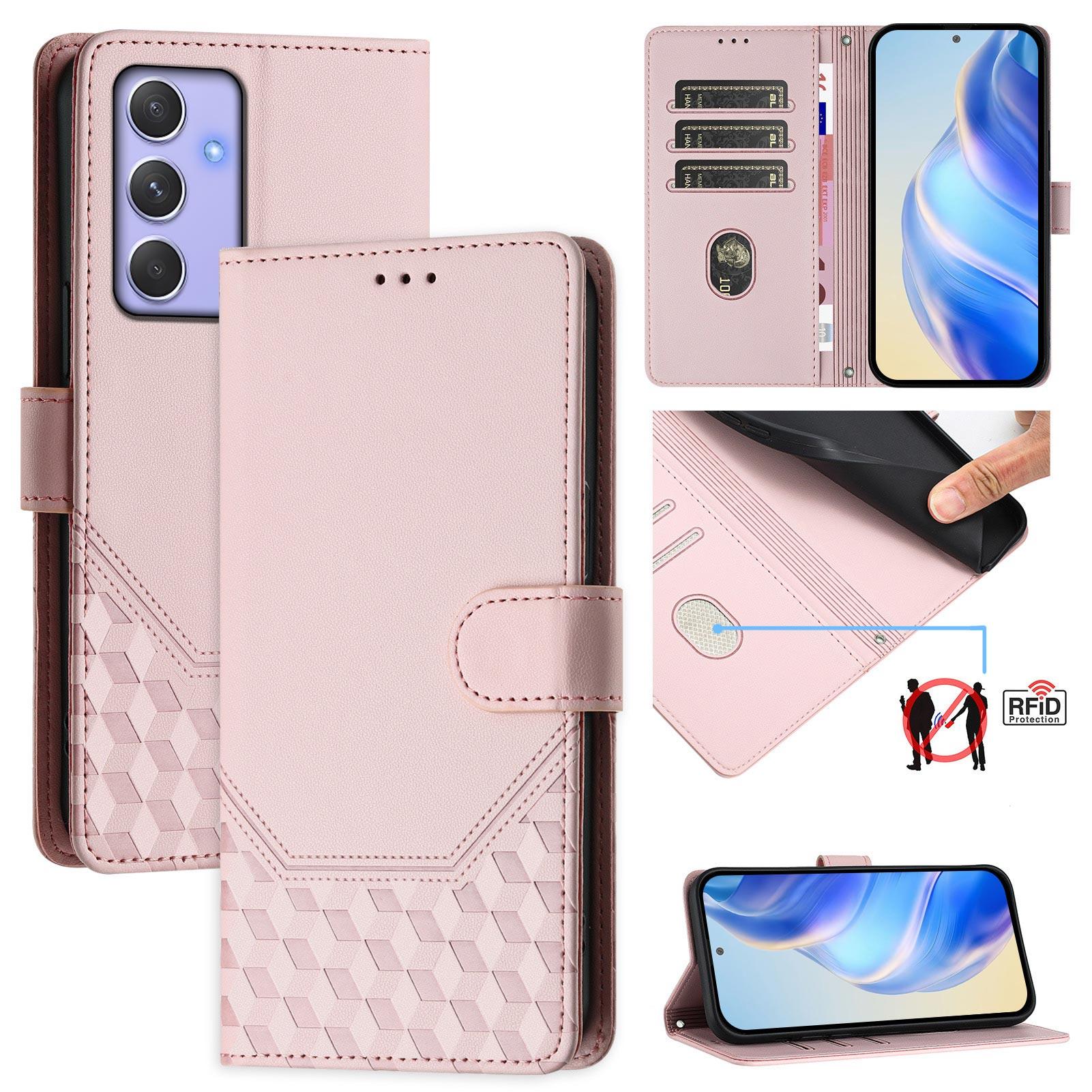 

For Samsung Galaxy A54 5G Case Imprinted Honeycomb RFID Blocking Leather Phone Cover with Strap B