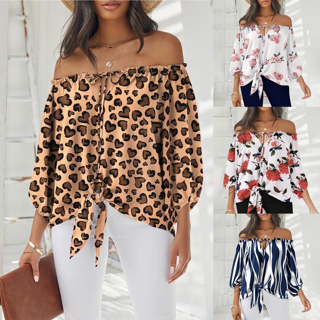 Women's Summer Fasion Loose Print Long--sleeve Bow Tie Neckline Bandage  Top