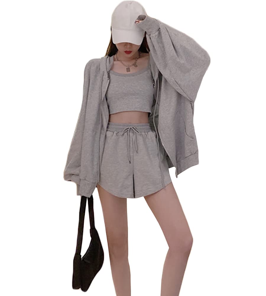 

Loungewear Korean Simple [MaxWant] 3-piece Set Zip-up Hoodie, Camisole, Shorts, Women s, Spring/Summer, Loungewear, Pockets, Fashion, (M, Gray) сірий колір