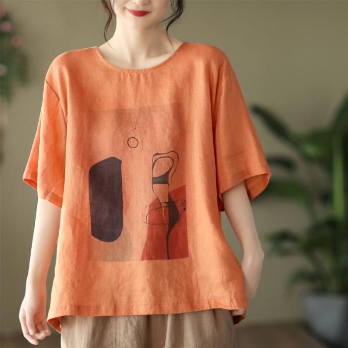 New Summer Retro Literary Printed Cotton and Linen Top for Women Loose Round Neck Short-sleeved T-shirt Versatile Pullover T-shirt