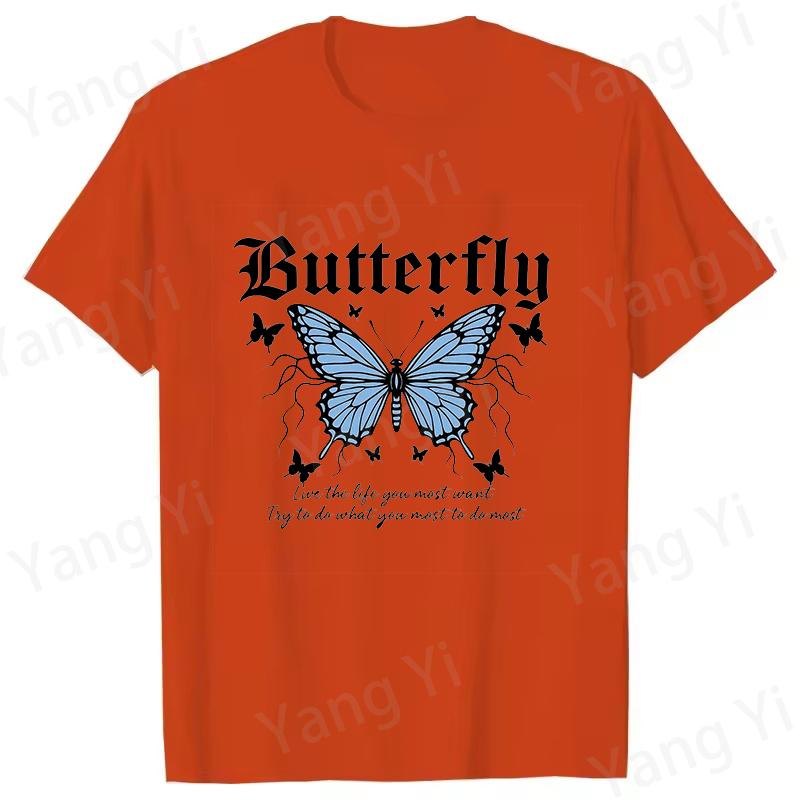Blue Butterfly Print and Inspirational Slogan Print Tshirt Unisex Women Fashion Round Neck Loose Tee Shirt Streetwear Tshirt Tees
