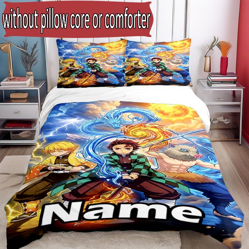3pcs Duvet Cover Set (1*Duvet Cover + 2*Pillowcase, Without Core), Custom Name Demon Slayer Pattern Bedding Set, Home Bedroom Decor Gift