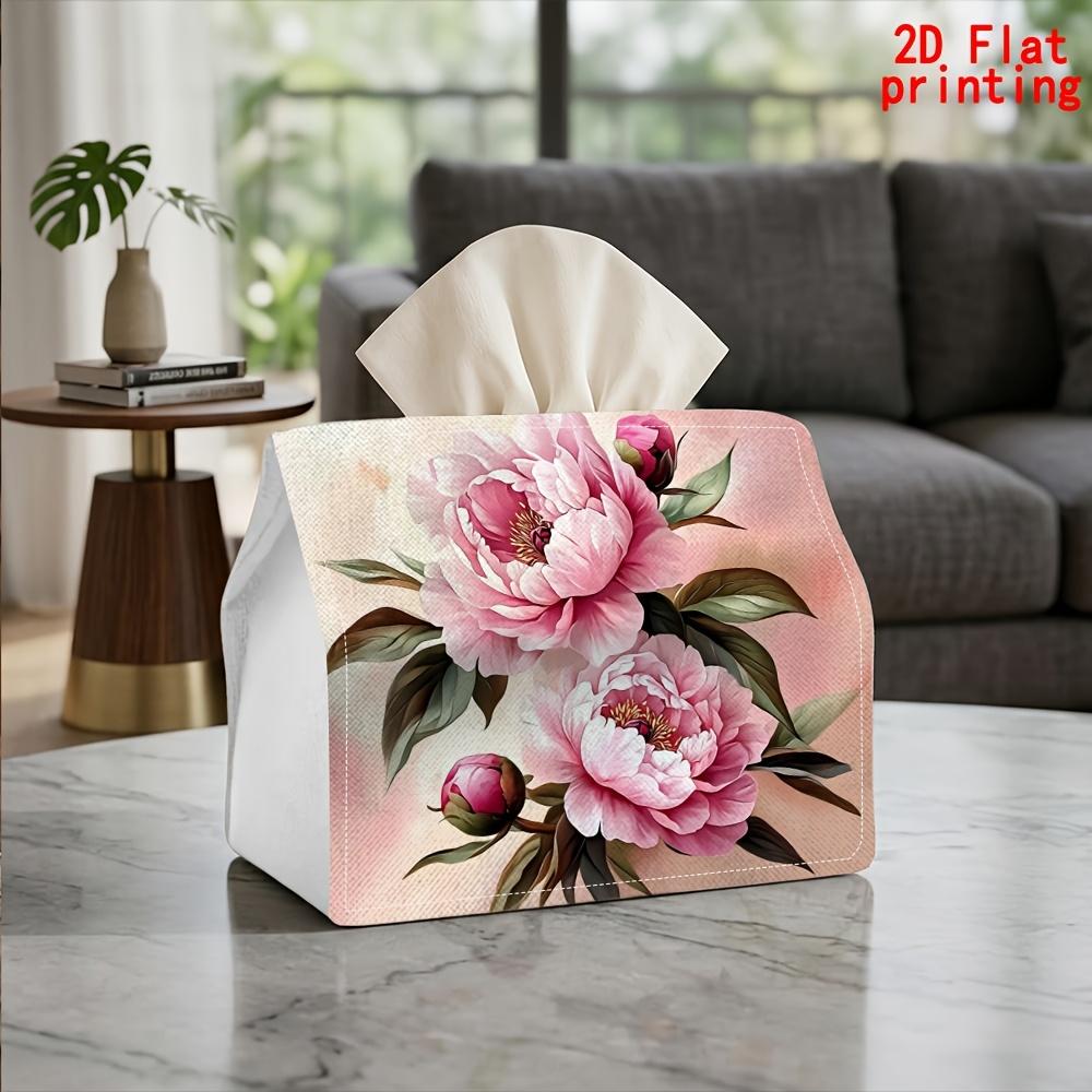 2D Flat 1pc, Tissue Box. Pink Peony Flower Pattern Napkin Dispenser Box, Reusable, Daily Desktop Tissue Storage Box, Suitable for Kitchen, Living Room