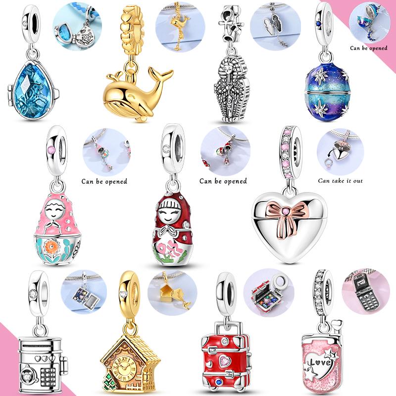Original 925 Silver Charms Openable Matryoshka Dolls Suitcase Fit Bracelet Diy Fine Jewelry