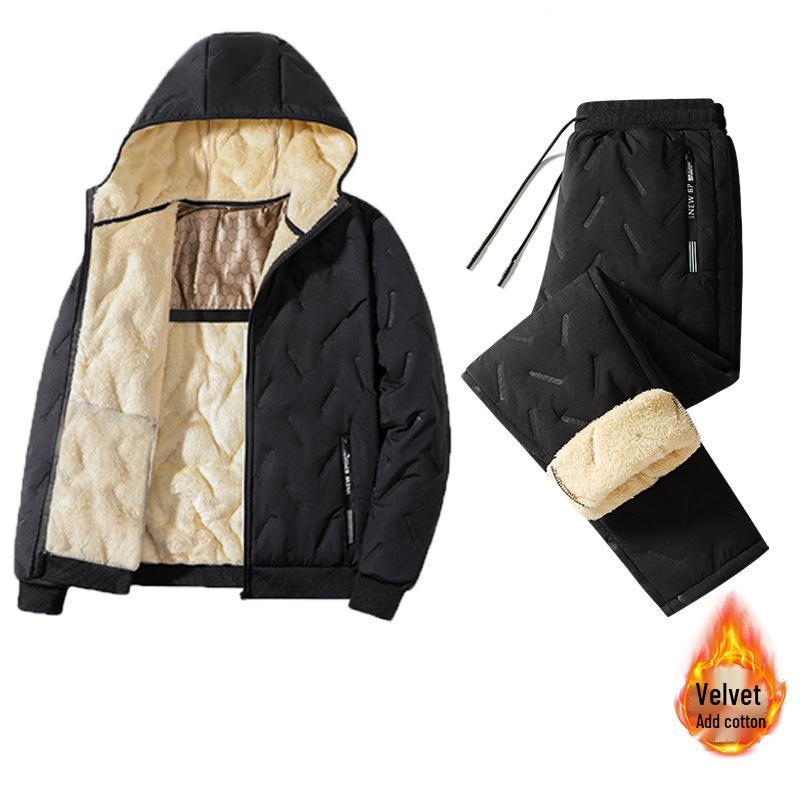Men's Lambswool Winter Hooded Jacket and Cotton Pants Set - Plus Velvet, Thick, and Large Size.