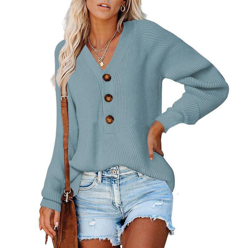 

Popular top women s button design v-neck pullover sweater women s autumn and winter loose outer wear lazy European and American style 49-124 (average size) светло-синий