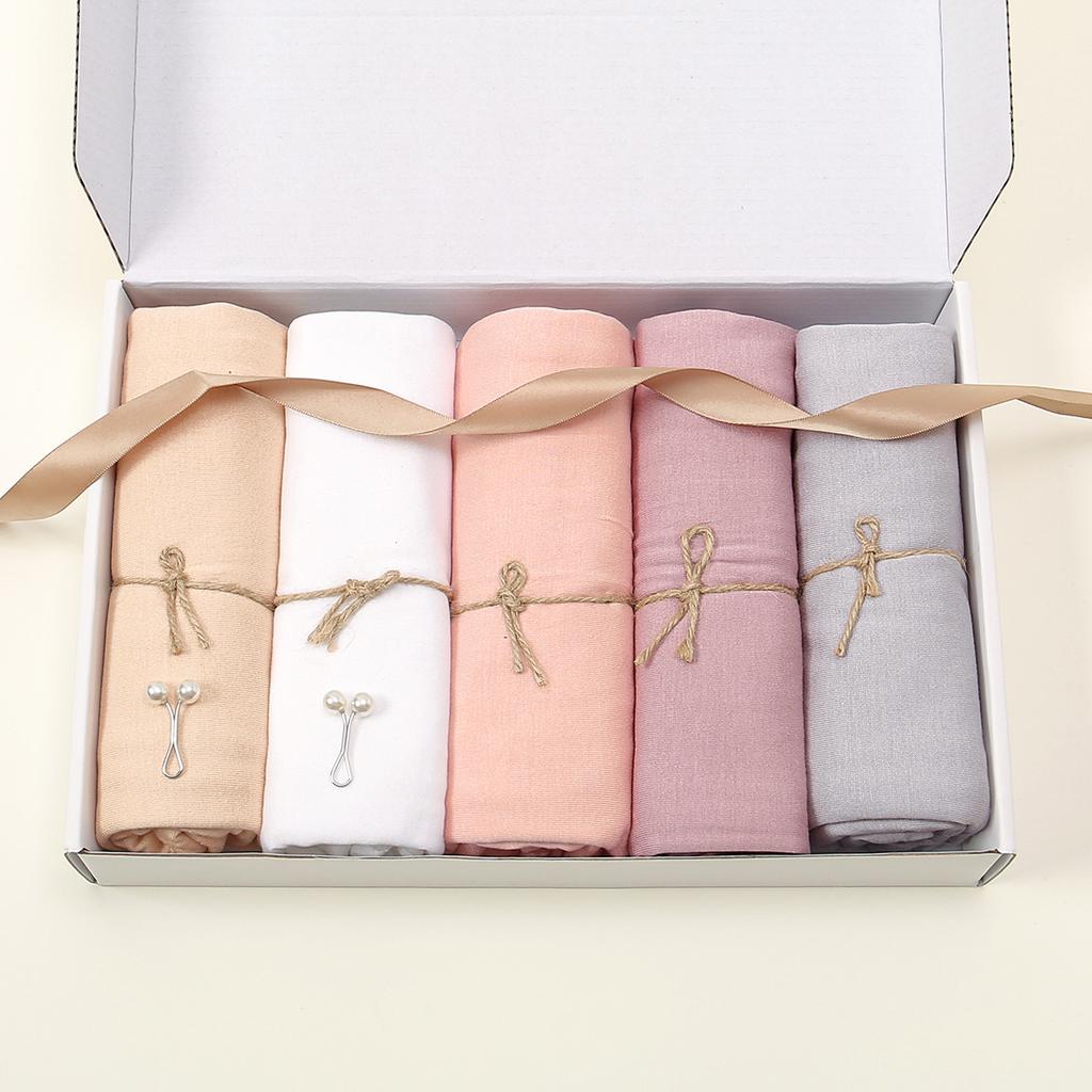5pcs one set Hijab With Pins Muslim Jersey Hijab Scarf Long Shawls Plain Soft Turban Islamic Headscarf Wraps Islam Headband Gift