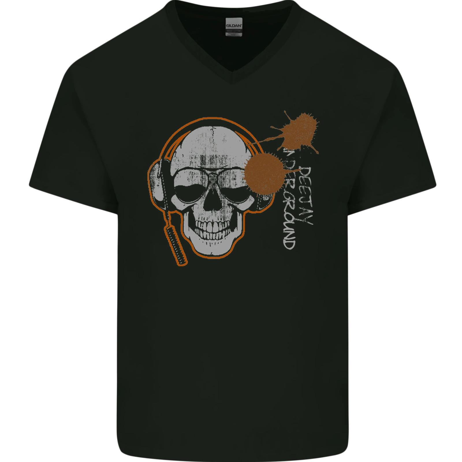 Underground DJ Skull DJing Music Mens VNeck Cotton T-shirt L