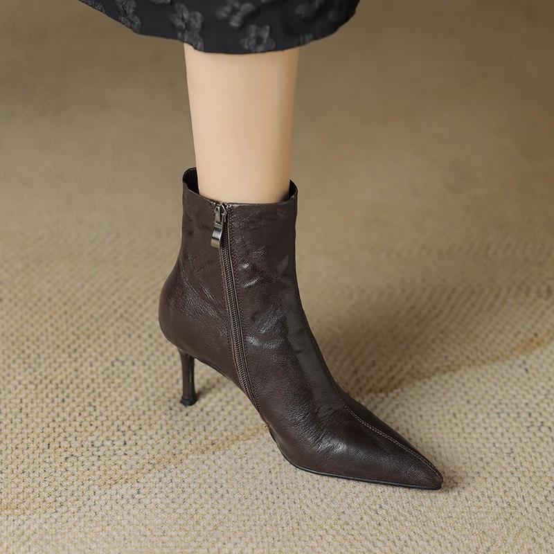 Fashion 2024 New Sheepskin Ankle Boots High Heels Women Boots High Heels Thin Heel Short Boots Genuine Leather Winter Leather Shoes
