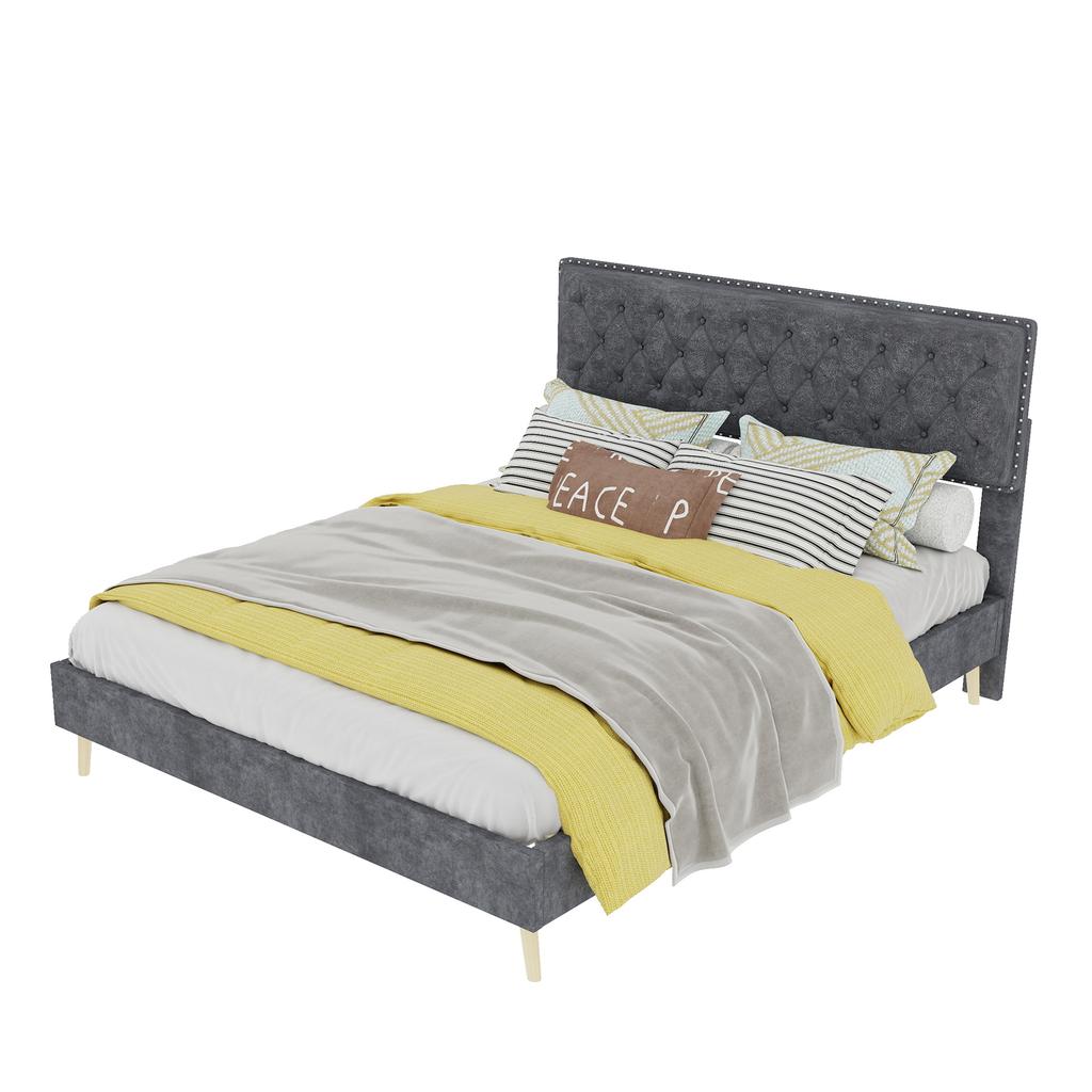 Modern minimalist soft bed, 140*200CM, grey, multifunctional bedroom furniture, low box bed frame without lifting rod, include140*200cm mattress.