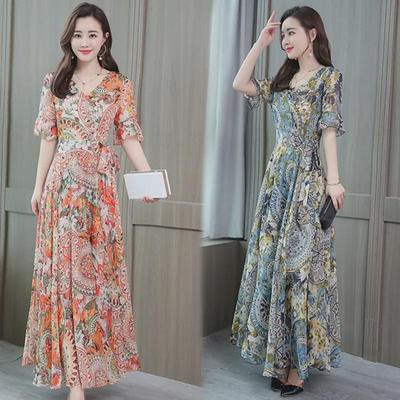 Vestido Midi Floral Estilo Coreano para Mulheres - Tamanho Plus, Manga Curta, Saia Midi Emagrecedora para Mulheres de Meia-Idade e Idosas.