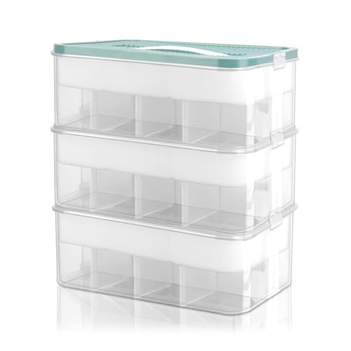 LAMPTOP Toy Storage Box with Lid, 3-Tier Stackable Transparent Plastic Toy Storage Box for Organizing (Green)