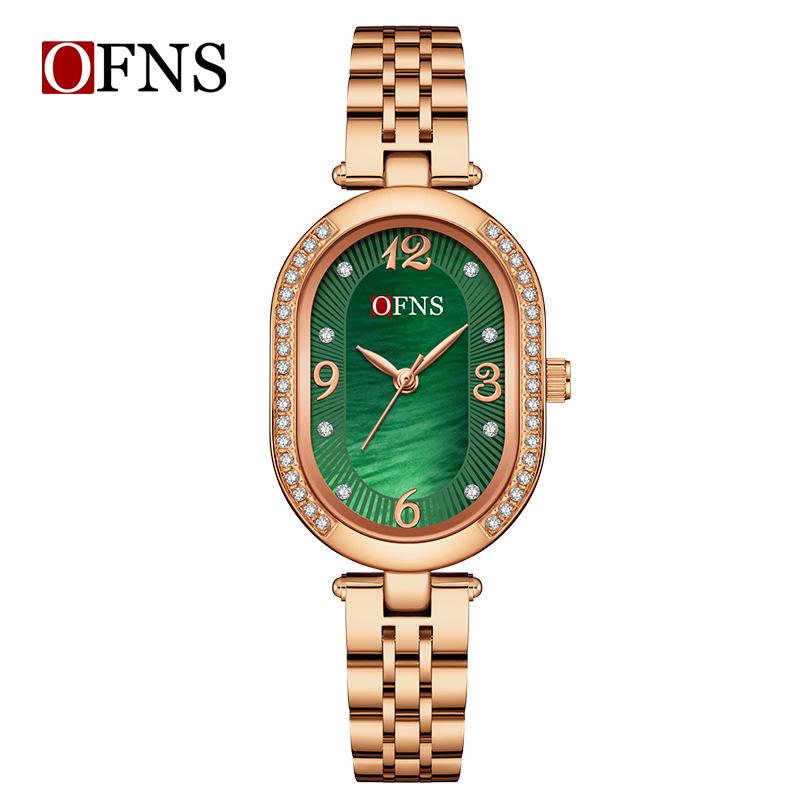 Oufanni Women's Vintage-Style Diamond-Inlaid Oval Mother-of-Pearl Watch - Waterproof Quartz with Light Luxury Appeal
