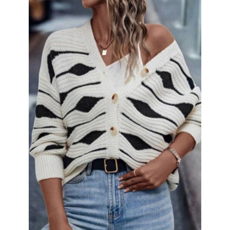Autumn and Winter New European and American Fashion V-neck Single-Breasted Stripe Loose Knit Cardigan Long Sleeve Sweater Outerwear Bottoming Shirt