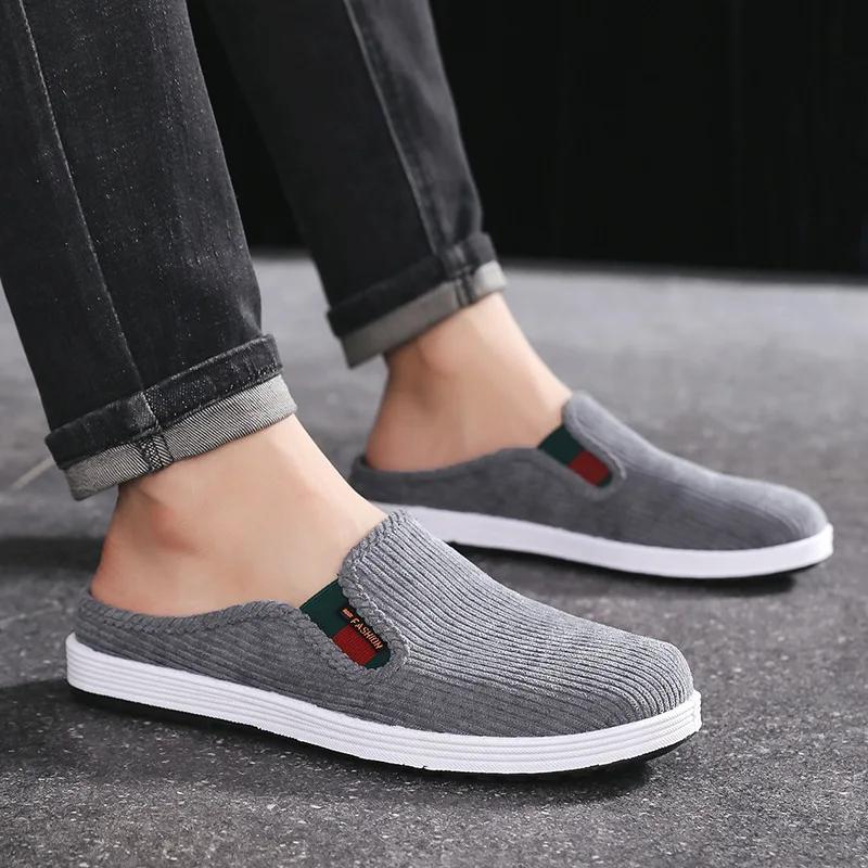 Men Cloth Slippers with Anti Slip Round Toe No Heel Breathable Simple Men Shoes Four Season Universal Home-based Slippers