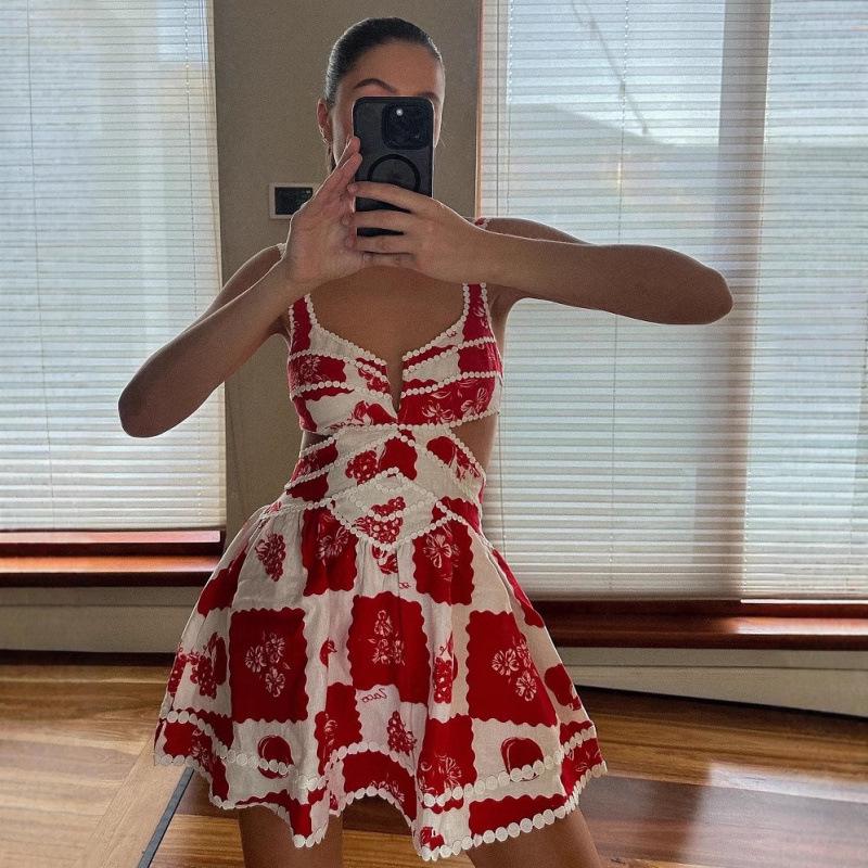 Robe à bretelles fines imprimée pour femme - Mode Vacances Début de Printemps, Détail en Dentelle