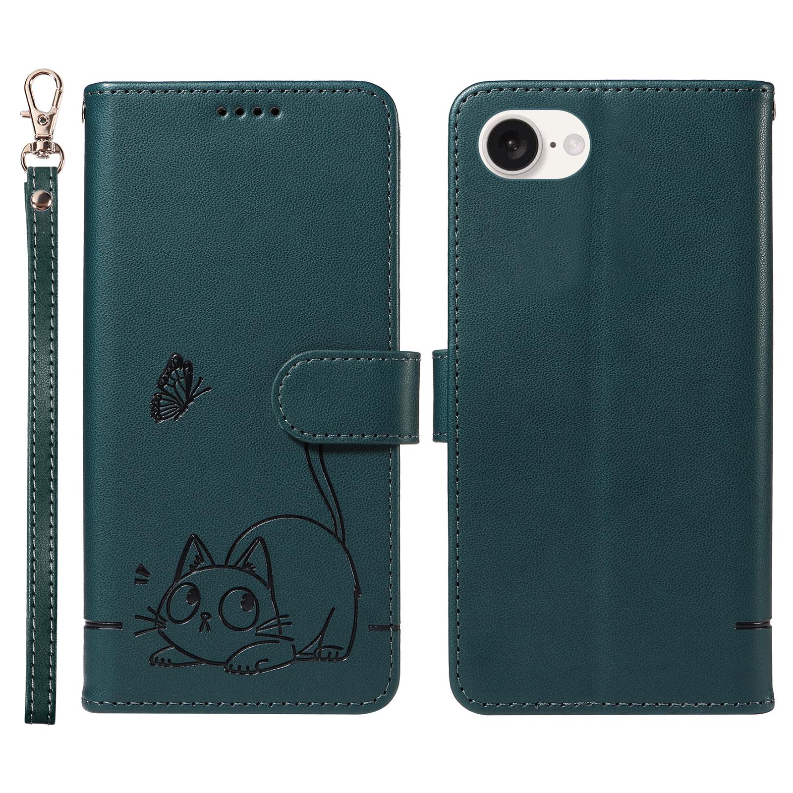 

Чохол-гаманець для iPhone 16e зі шкіряним чохлом для телефону з тисненням котячого візерунка та ремінцем на зап ястя Blue