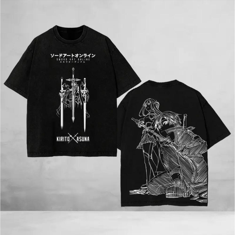 Sword Art Online Kirigaya Kazuto Yuuki Asuna Anime Clothing Men Women Couple T-shirts Washed T Shirt Cotton Tshirt Harajuku Tops