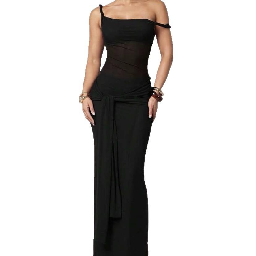 GD-solid Color Sexy Waist See-through Tube Top Strap Design Slanted Shoulder Dress