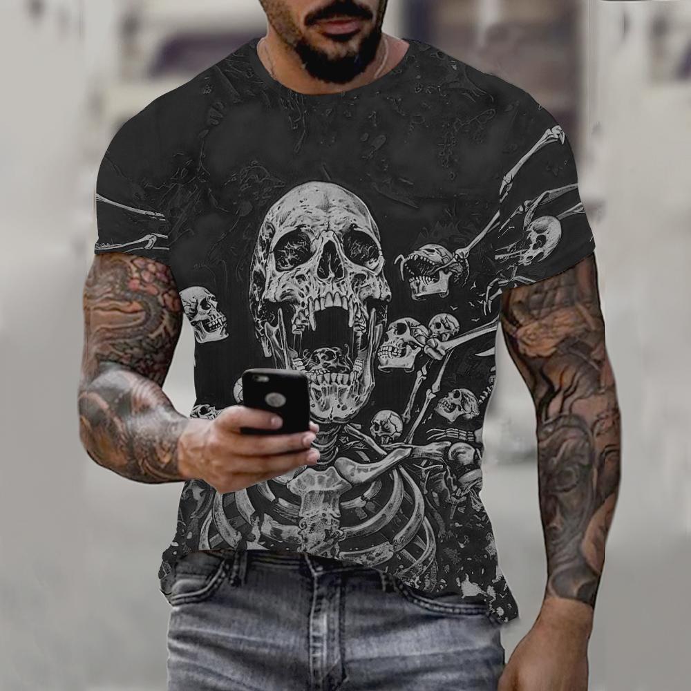 Letní pánské tričko Vintage Skull Tričko s 3D potiskem Street Ležérní Hip Hop Crew Krk Oversized Harajuku Top s krátkým rukávem