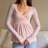 Pull pour femme S à col en V croisé avec bordure en dentelle, manches longues, haut pull élégant, coupe ajustée, ample, blouse douce, couleur unie, vêtements décontractés automne hiver