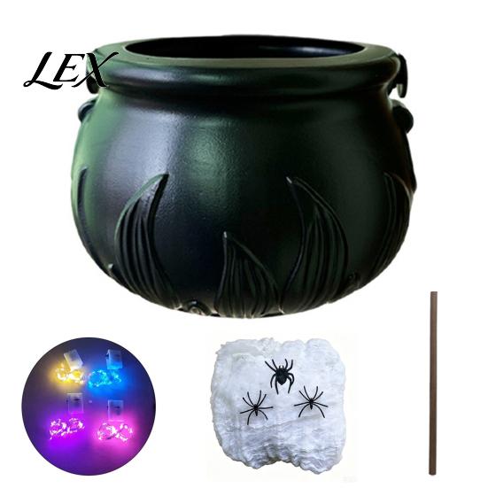 Dark Fantasy Party Props Light Up Witch Cauldron DIY Set, Halloween Glowing Black Plastic Bowl with Spiders, Bucket Spooky Hocus Pocus Candy