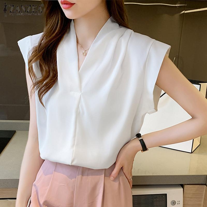 

ZANZEA Женская повседневная летняя блузка без рукавов с v-образным вырезом