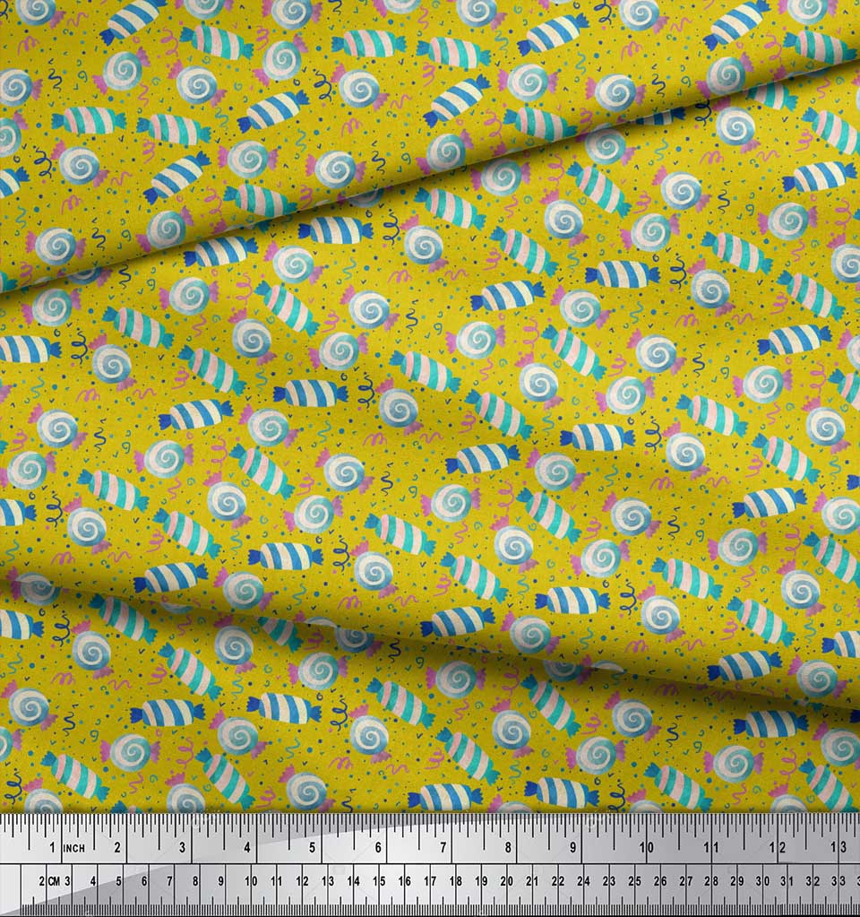 Soimoi Blue Japan Crepe Satin Fabric Dot & Candies Food Print Fabric by metre 42 Inch