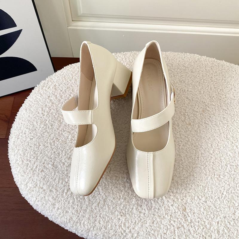 Silver Korean Small Square Head Spring and Autumn New Mary Jane Soft Leather Soft Sole Comfortable Thick Heel Fashion Single Shoes Women