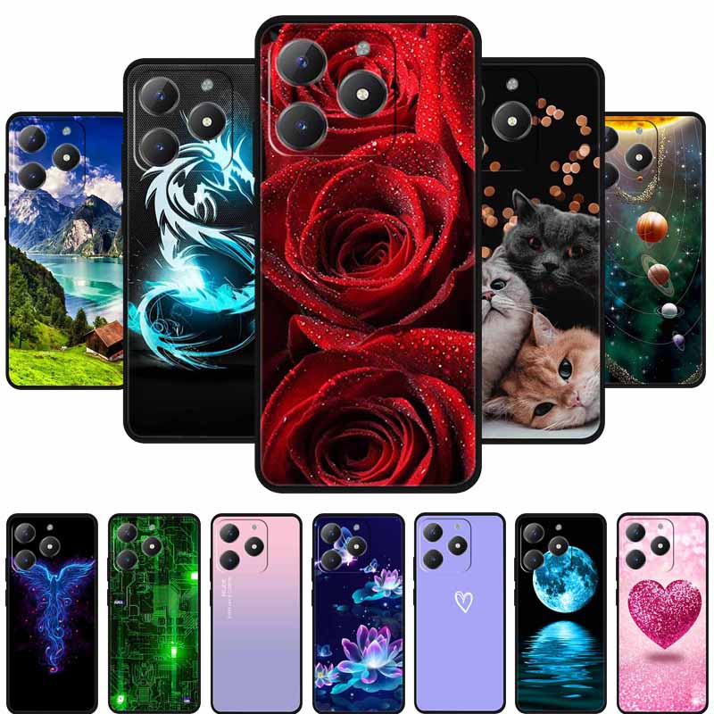 For Realme Narzo N61 Phone Case N 61 Coque Flowers Black Silicone Soft Back Cover For Realme Note 60 Case Note60 Funda Bags Capa