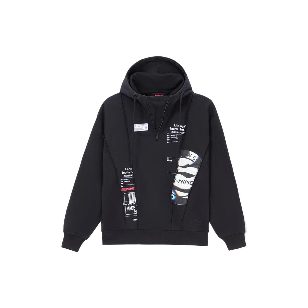 Li Ning Half-Zip Fun Print Loose Pullover Hoodie Unisex Hoodies Black AWDR727-2