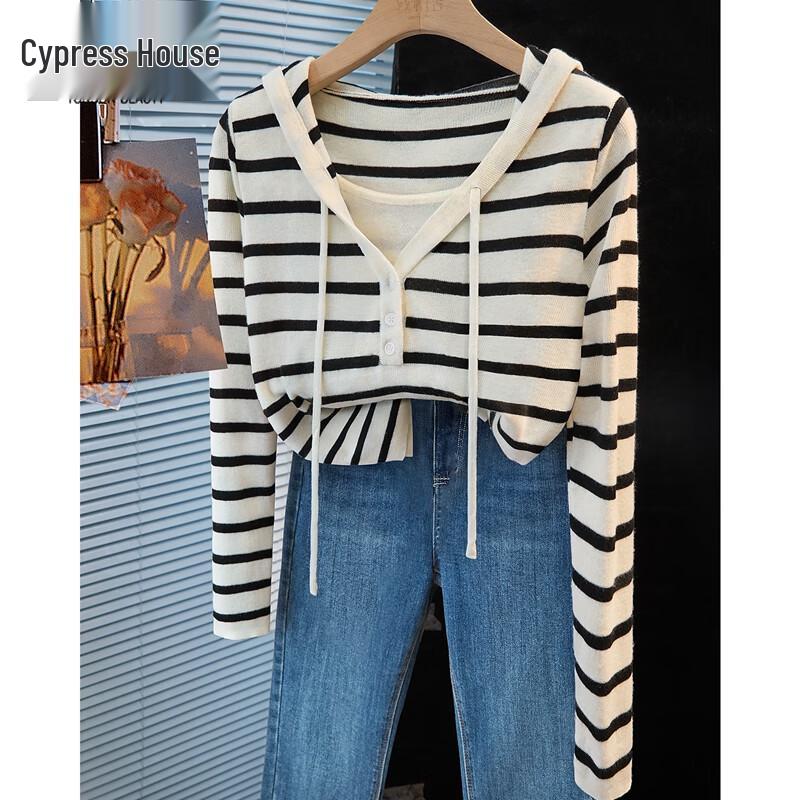 

Women s Slim Fit Faux Two-Piece Striped Hooded Knit Top XL