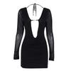 Mesh long-sleeved dress, summer new sexy see-through backless u-neck dress