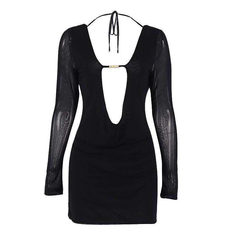 Mesh long-sleeved dress, summer new sexy see-through backless u-neck dress
