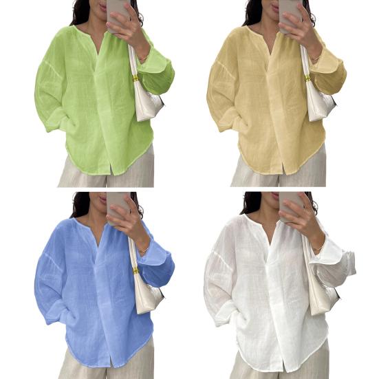 Women Tops V Neck Long Sleeve Pure Color Mid-length Pullover Tops with Asymmetrical Slit Curved Hem Loose Fit Versatile Casual Shirt