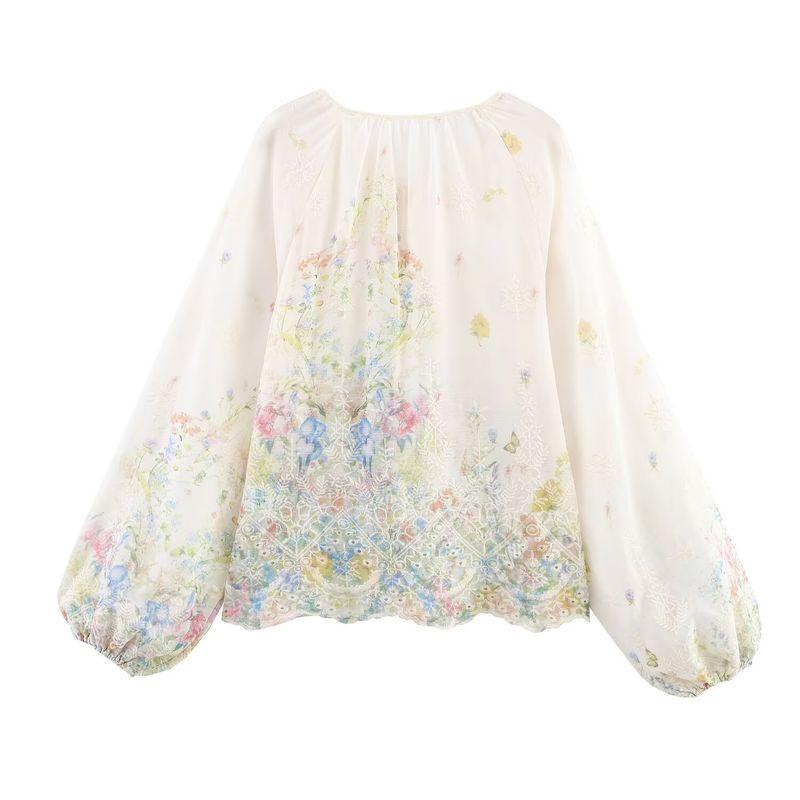Jnleaog Spring New Arrival Women's Clothing Fashion Style French Fashion Design Lantern Sleeve Round Neck Single-Breasted Shirt