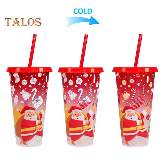 710ML Christmas Color Changing Cups with Lids Straws Reusable Food-Grade Santa Claus Design Cups for Adults Kids Prevents Straw Slipping Leak-Proof