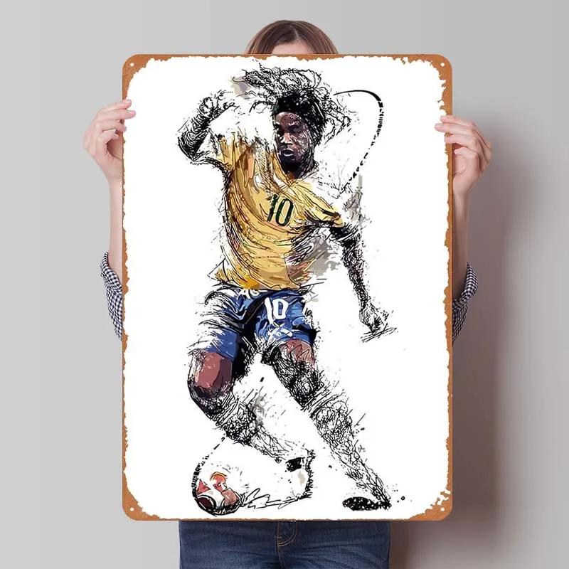 Ronaldinho Sign Sportposter Metallväggkonst av Muraler Vintage Metallplåtskylt Plakett för Väggkonstdekoration Mank Cave Retro Hem