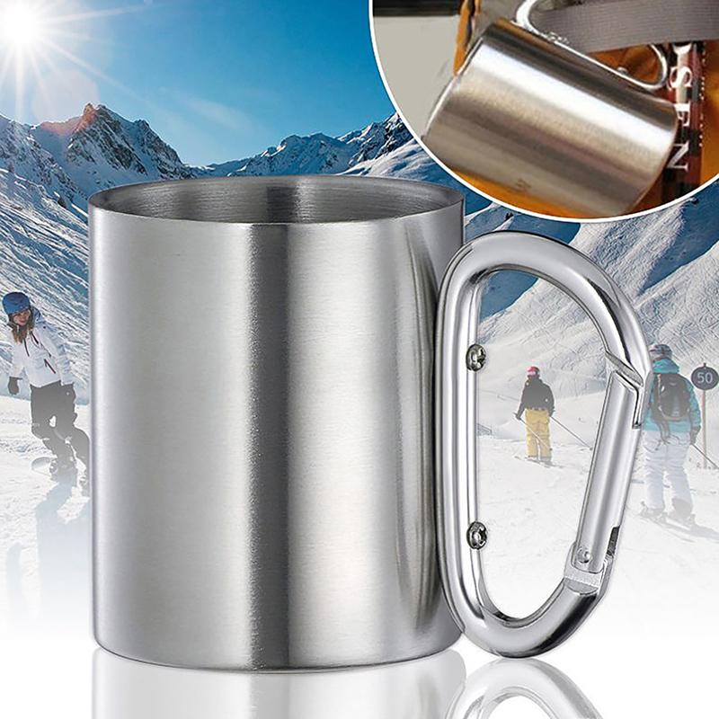 220Ml Camping Travel Stainless Steel Cup Carabiner Hook Handle Picnic Water Mug Outdoor Travel Hike Cup