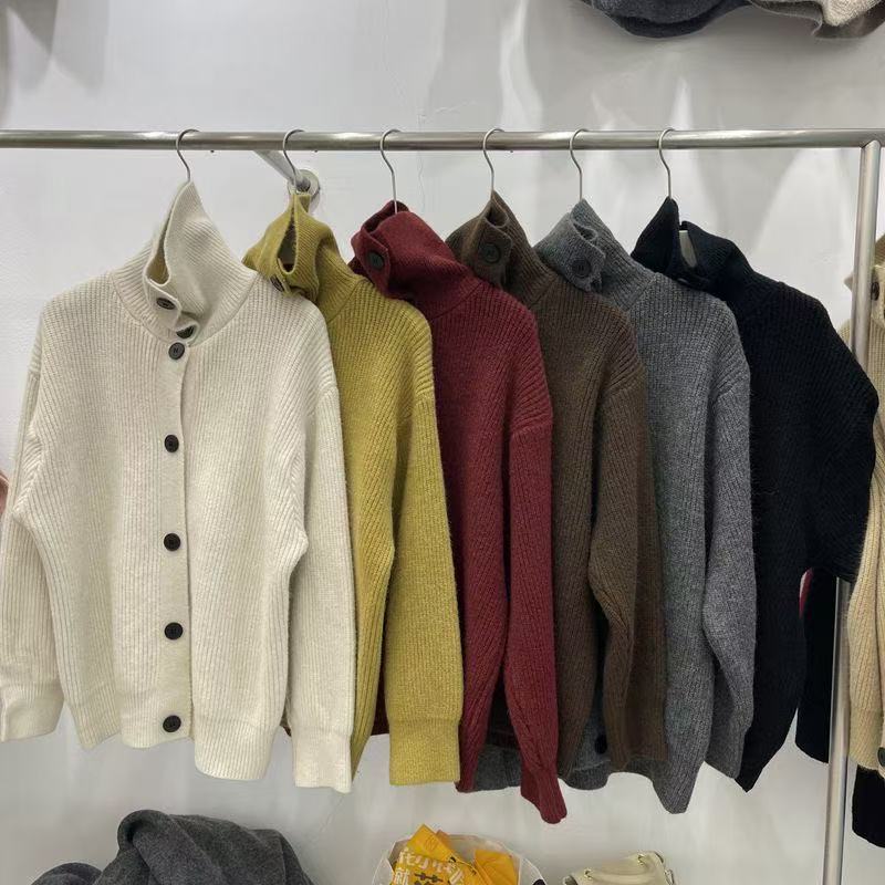 French Vintage Design Style Turtleneck Tops Autumn Casual Loose Single-breasted Clothes Solid Long Sleeve Knitted Sweater Winter