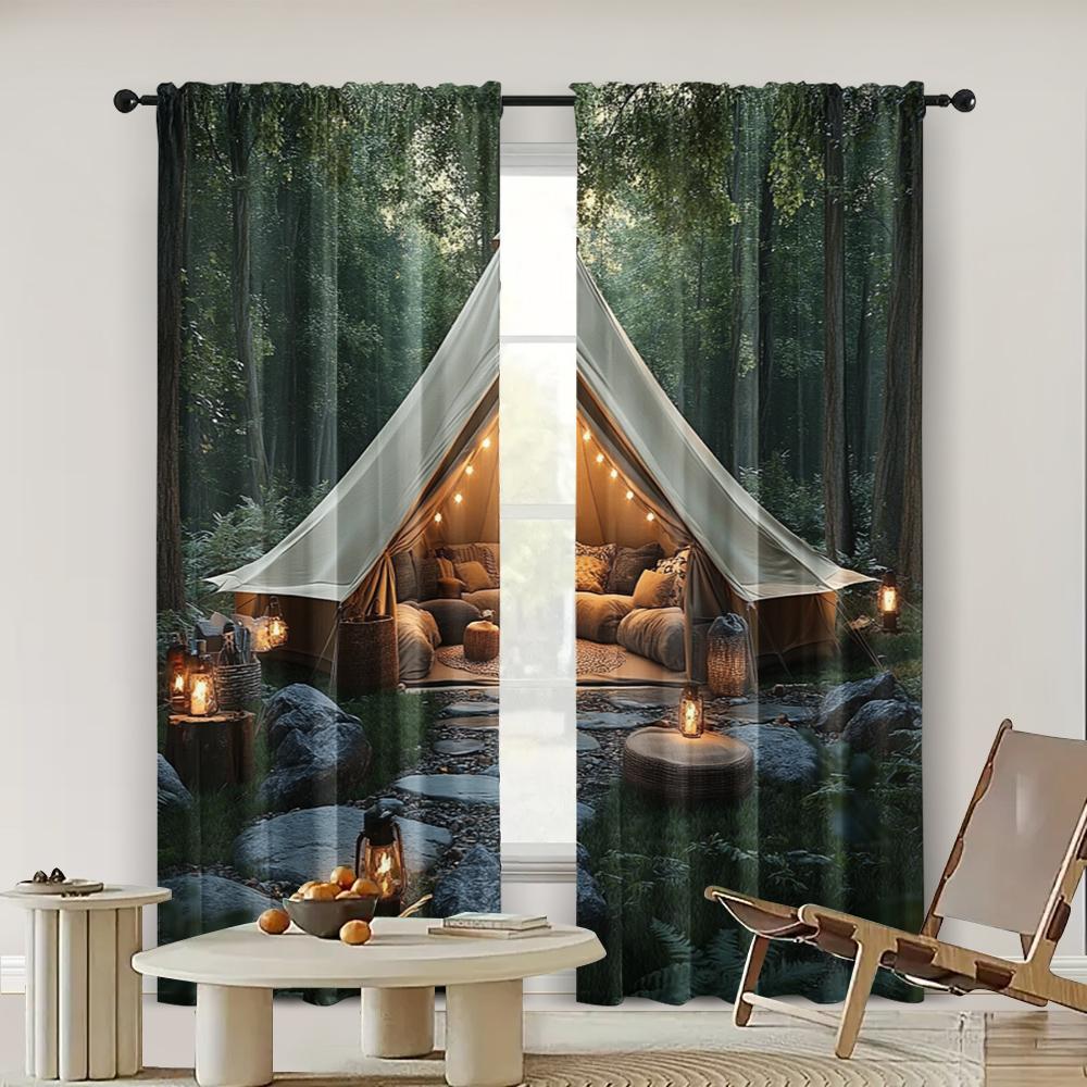 2pc,  Party Curtain Forest Scene Camping Machine Washable Fabric,Without Electricity Festive Backdrops Use for College Dormitory
