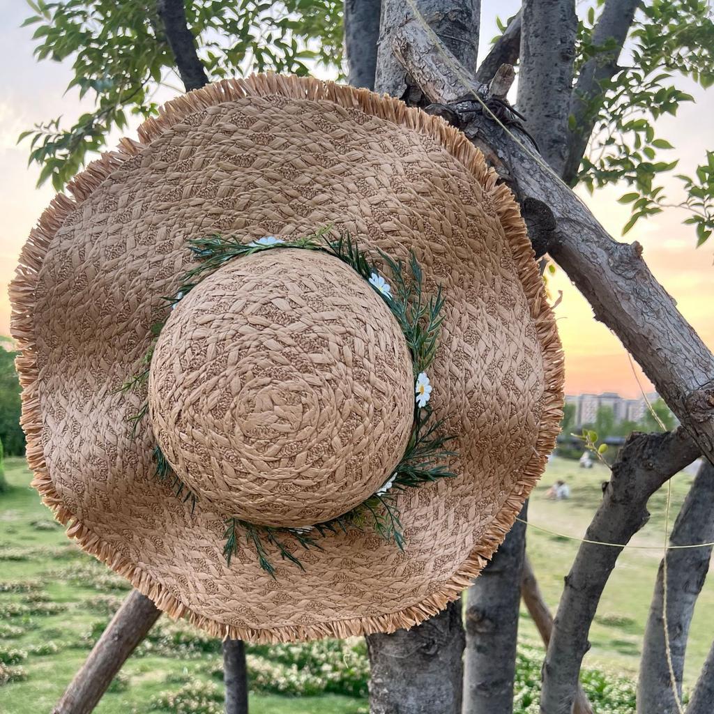 Straw hat ins lace-up hollow straw hat women's summer travel sun protection beach seaside sun hat lace edge sun hat